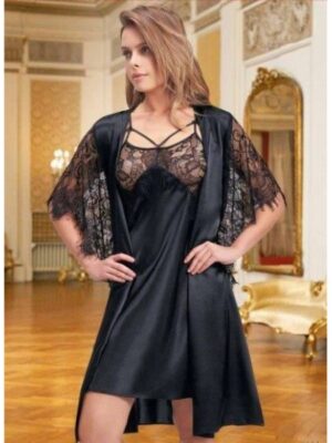 Short Satin Nighty & Gown Set Black