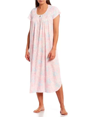 Miss Elaine Long Summer Nighty - Pink Print (Style 508801)