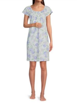 Miss Elaine Silky Knit Short Summer Nighty - Periwinkle Rose (Style: 206403)