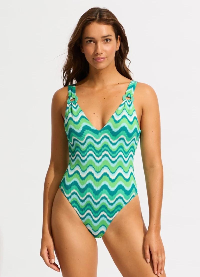 Seafolly Neue Wave V Neck One Piece in Jade