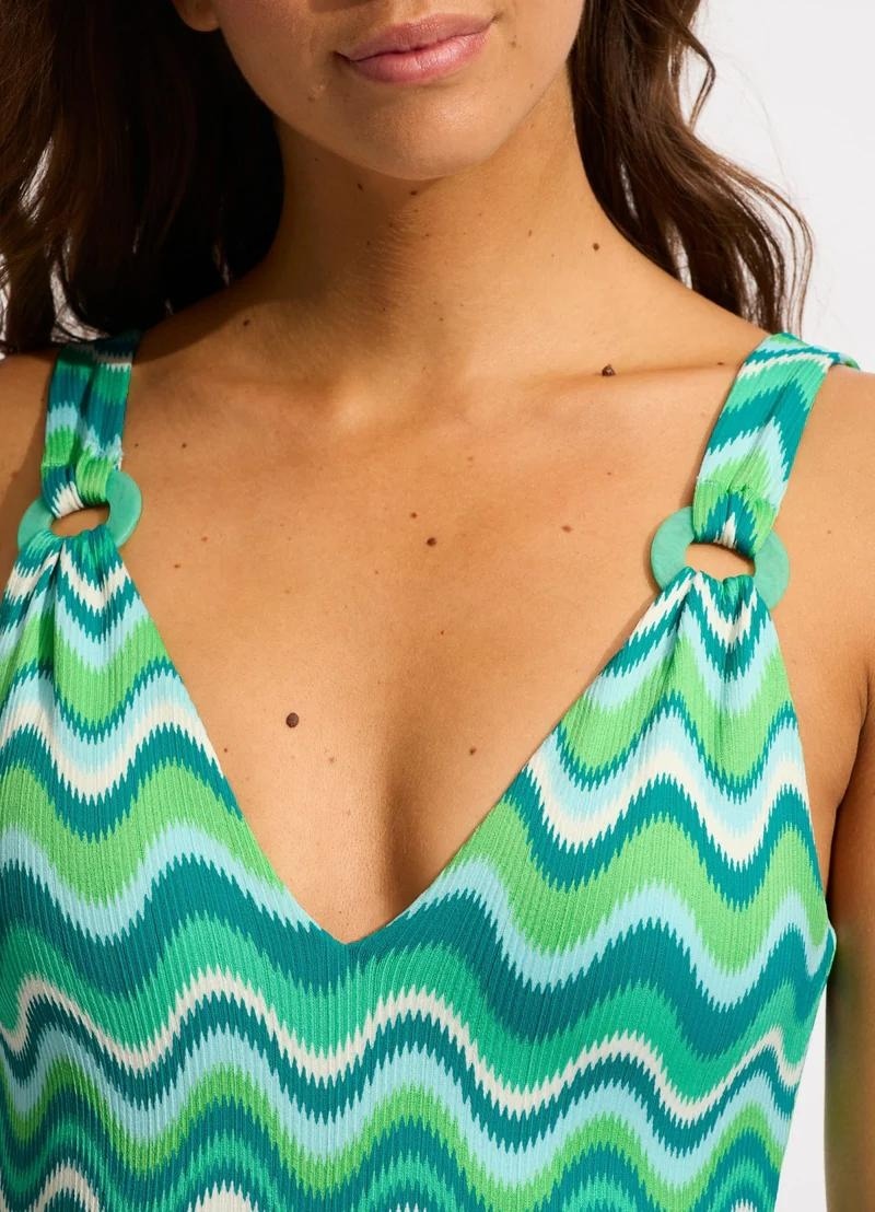 Seafolly Neue Wave V Neck One Piece in Jade closeup detail