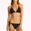 Sea Level Scalloped Halter Tri Bikini with Tie Side Bottom – Black (Style: SL3408SC)