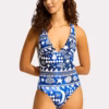 Seafolly Corfu Deep V Neck One Piece Swimsuit in Azure. Features removable cups, adjustable straps, regular legline, and soft edges for ultimate comfort.