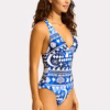 Seafolly Corfu Deep V Neck One Piece Swimsuit in Azure. Features removable cups, adjustable straps, regular legline, and soft edges for ultimate comfort.