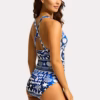 Seafolly Corfu Deep V Neck One Piece Swimsuit in Azure. Features removable cups, adjustable straps, regular legline, and soft edges for ultimate comfort.