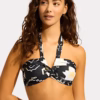 Seafolly Kasbah Halter Bandeau Bikini in Black. Features reversible design, soft cups, side boning, gripper tape, and low-rise pant with regular coverage.