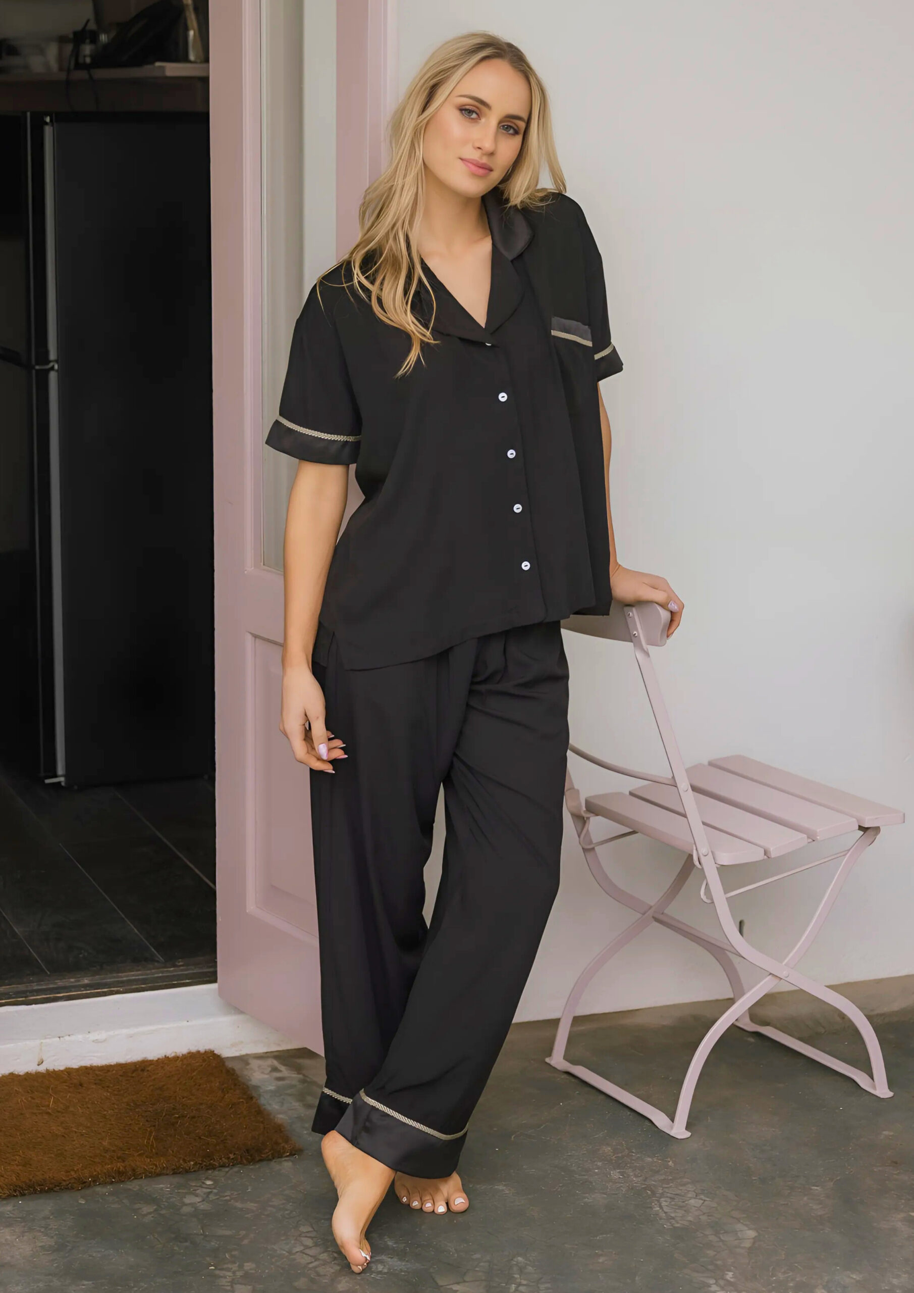 Lila Rose Short Sleeve With Long Pant Rayon Pyjama Set - Black (Style: LR52)