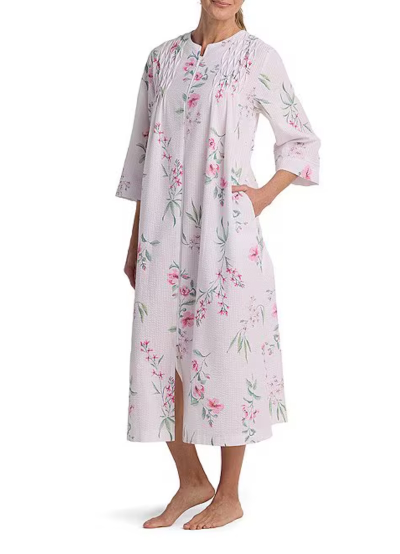 Miss Elaine Seersucker Zip Housecoat Long - White with Pink Floral (Style: 867605/X-122)