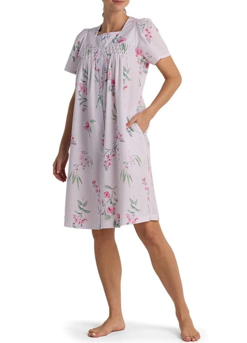 Miss Elaine Seersucker Button Housecoat Short - White with Pink Floral (Style: 857605/X-122)