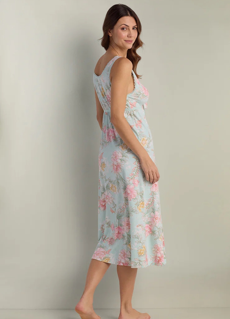 Miss Elaine Vintage Knit Long Nightgown – Sage / Pink Peony Sprays (Style: 524895-373)