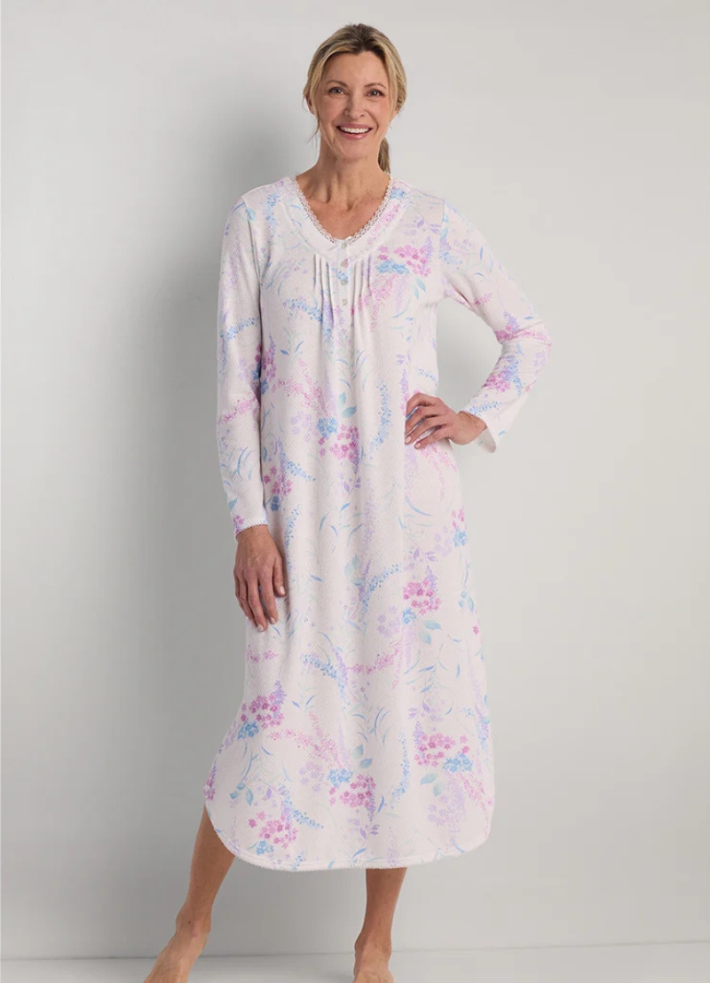 Miss Elaine Honeycomb Knit Winter Long Nighty – Pink & Lavender Sprays on Ivory (Style: 517815-X149)