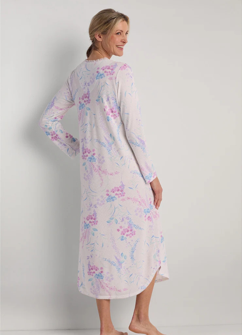 Miss Elaine Honeycomb Knit Winter Long Nighty – Pink & Lavender Sprays on Ivory (Style: 517815-X149)