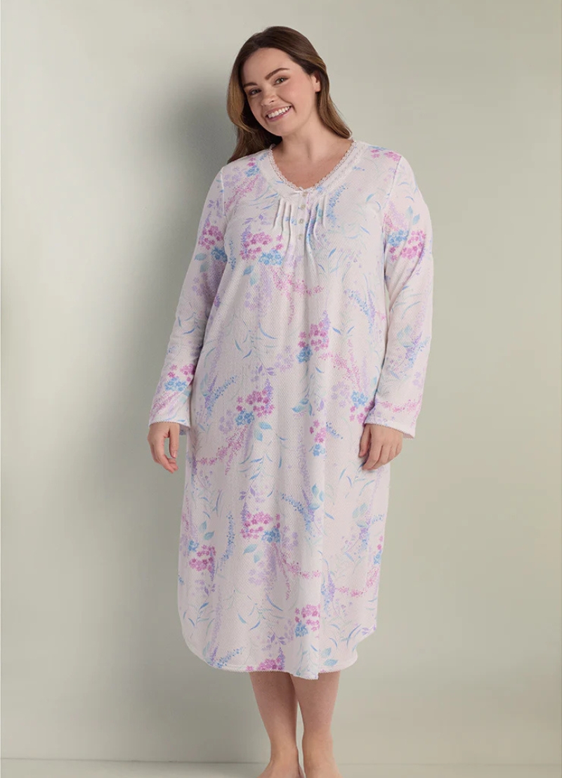 Miss Elaine Honeycomb Knit Winter Long Nighty – Pink & Lavender Sprays on Ivory (Style: 517815-X149)