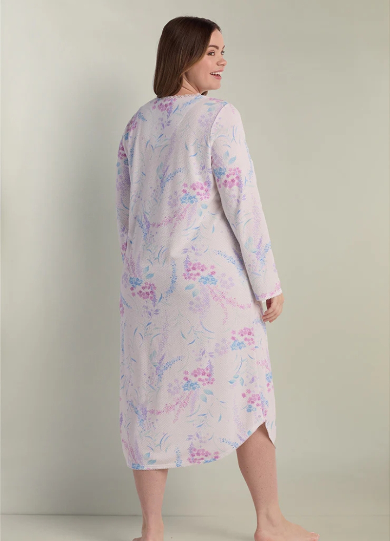 Miss Elaine Honeycomb Knit Winter Long Nighty – Pink & Lavender Sprays on Ivory (Style: 517815-X149)