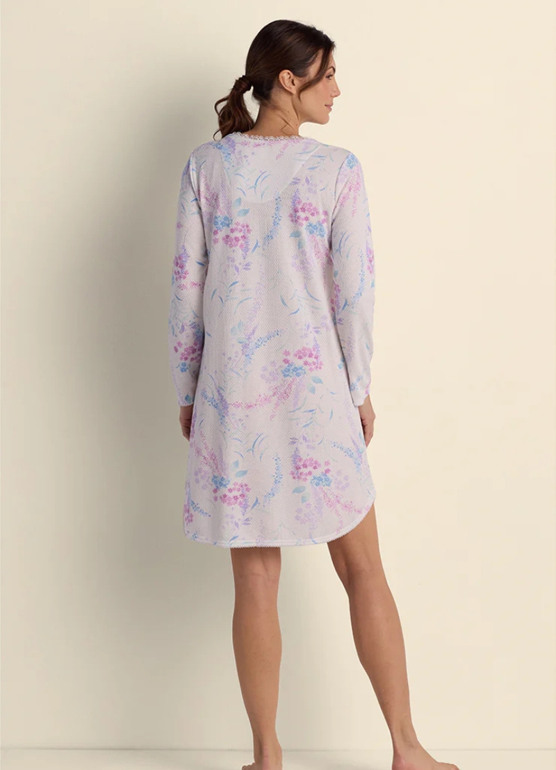 Miss Elaine Honeycomb Knit Winter Short Nighty – Pink & Lavender Sprays on Ivory (Style: 217815-X149)