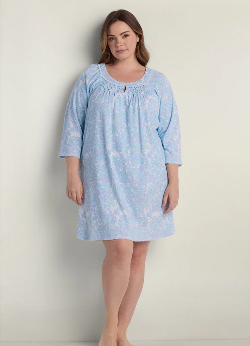 Miss Elaine Soft Interlock Knit Winter Short Nighty – Blue Multi Paisley (Style: 217855-X133)