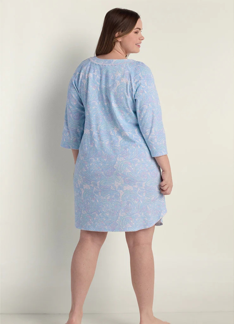 Miss Elaine Soft Interlock Knit Winter Short Nighty – Blue Multi Paisley (Style: 217855-X133)