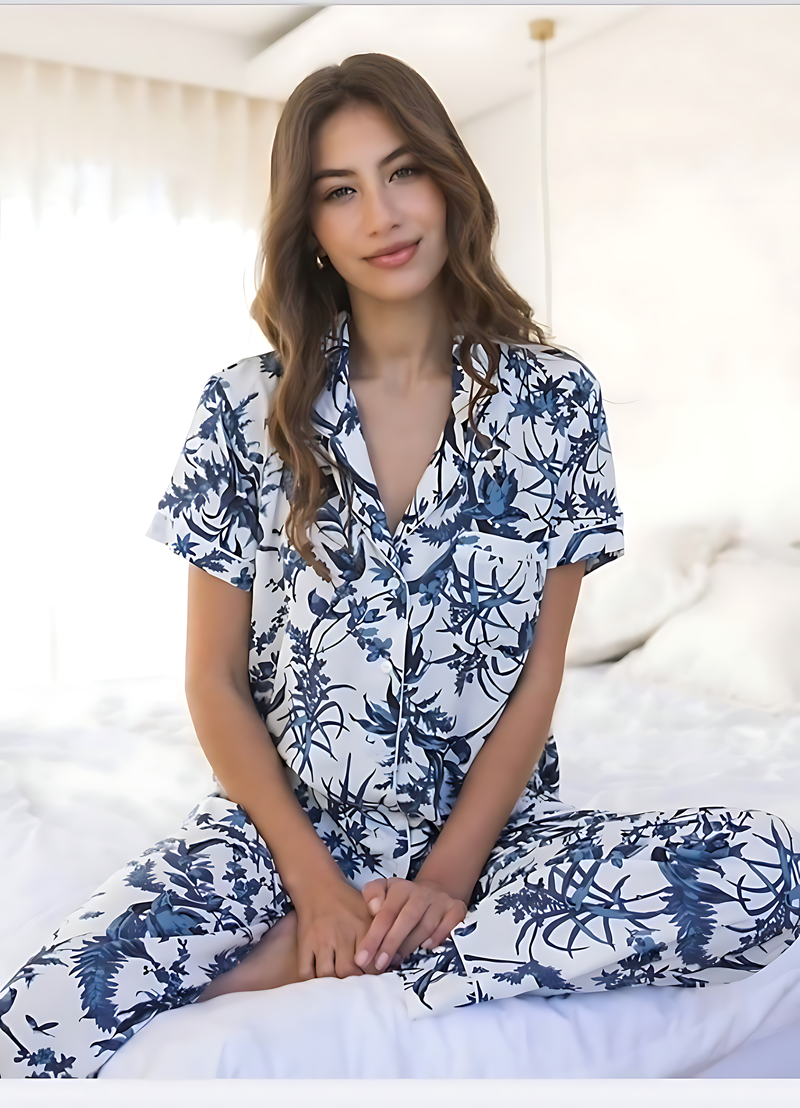 Lila Rose Classic Short Sleeve Pyjamas - White & Blue Botanical Print