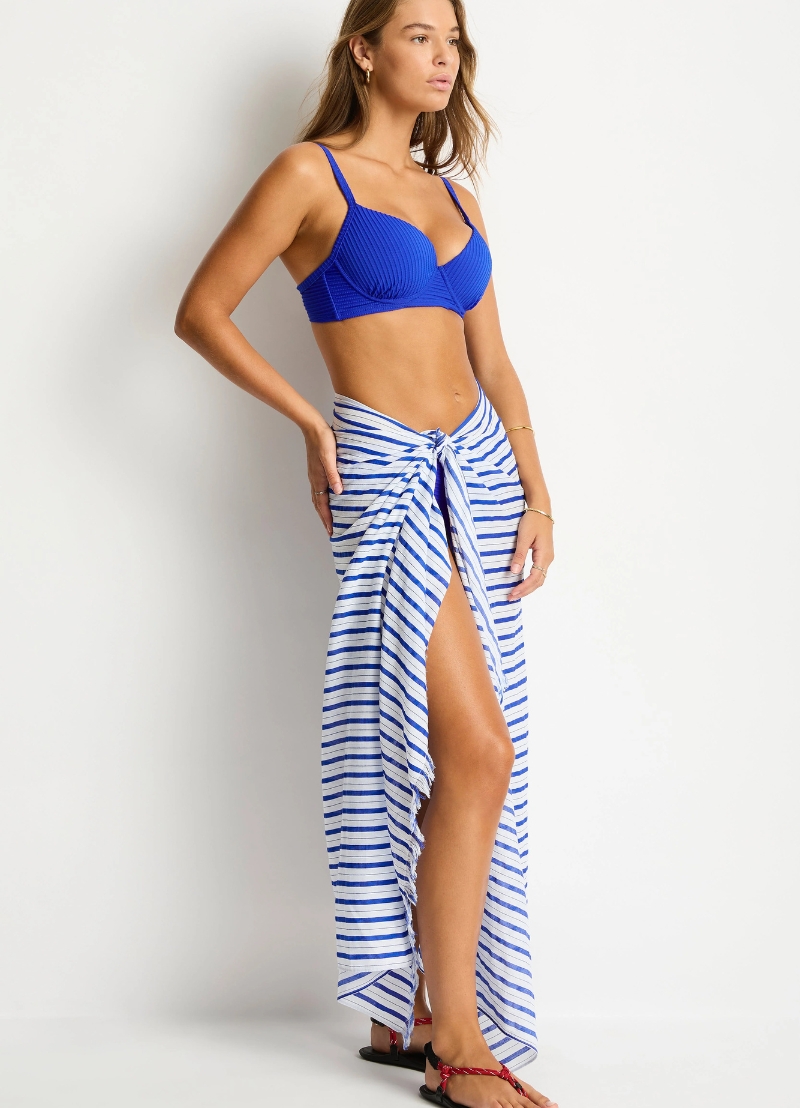 Sea Level Vacay Long Sarong - Blue & White Stripe